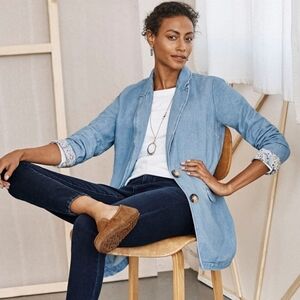 J Jill Denim Gallery Denim Blazer Jacket Cape Wash Blue Linen Cotton XL